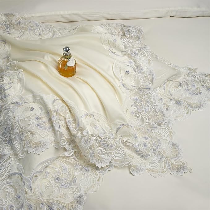 mixinni Luxury Satin Duvet Cover Set with Embroidery Lace, Silky Soft Bedding Set (1 Duvet Cover + 2 Pillowcases), Cream White - Elegant Bedroom Comforter Cover, Vintage Royal Style-Twin XL Size