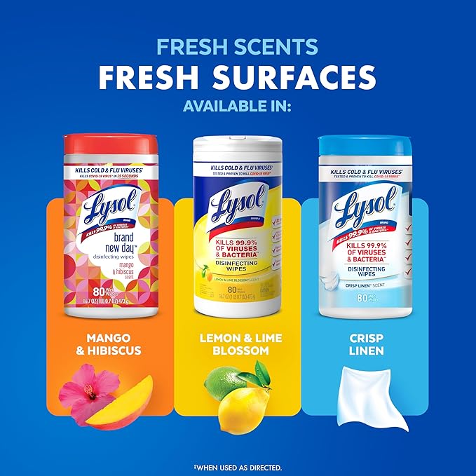 Lysol Disinfecting Wipes Bundle, Home Apartment Dorm Room Essentials and Cleaning Supplies, All Purpose Cleaner, Multi-surface Cleaning Wipes, Lemon and Lime Sanitizing Wipes Bundle, 80 Count