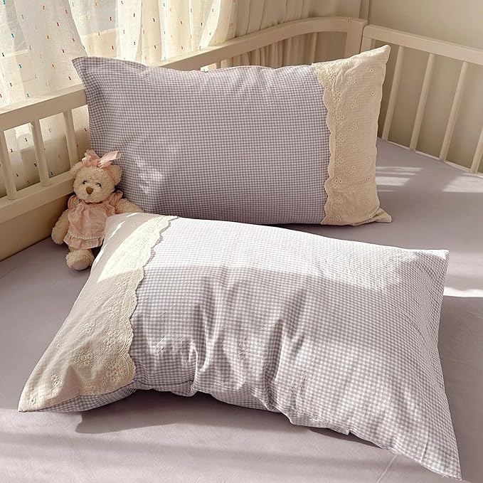 LifeTB Purple Gingham Comforter Set King 3 Pieces Purple Grid Bedding Comforter with Romantic White Lace Fluffy Soft Microfiber Farmhouse Gingham Bedding Set Vintage Plaid Checkered Comforter Set