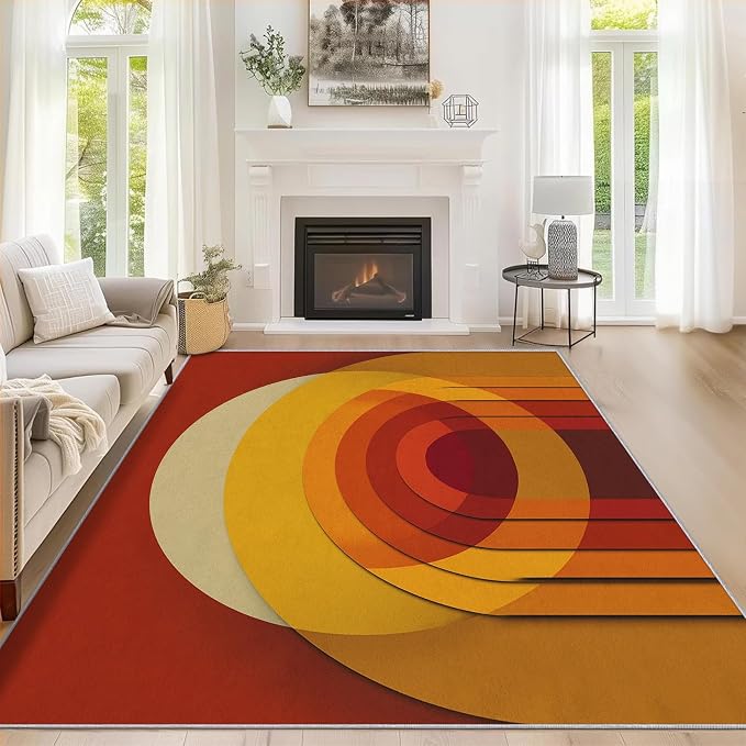 Mid Century Modern Rugs for Home Decor, 6x9 ft, Abstract Circle Area Rugs for Living Room, Soft Non Slip Washable Retro 70s Geometric Carpet Bedroom Decorations Dt-Ghf-69