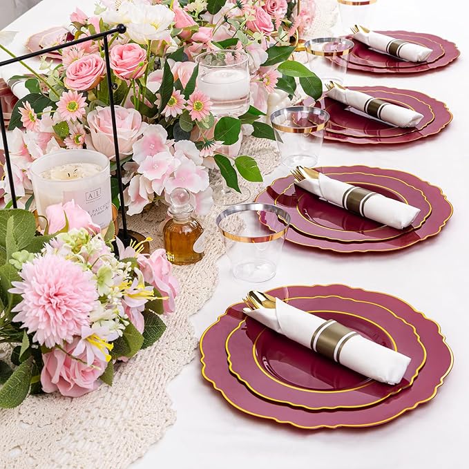 Liacere 350PCS Red Plastic Plates-Disposable Burgundy Red and Gold Plates 50guest Baroque Plastic Dinnerware include 100Plates, 50Pack Pre Rolled Napkins with Silverware 50Cups for Christmas