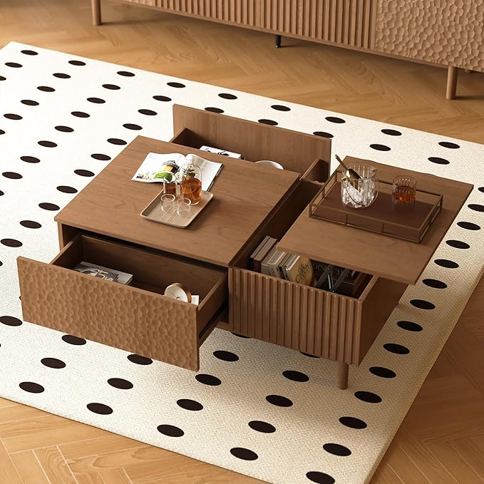 NessCarsti 51.1" Mid-Century Modern Lift Top Coffee Table, Walnut Rectangular Center Table with Hidden Storage, Drawers & Sturdy Wooden Legs, for Living Room, Apartment, Office