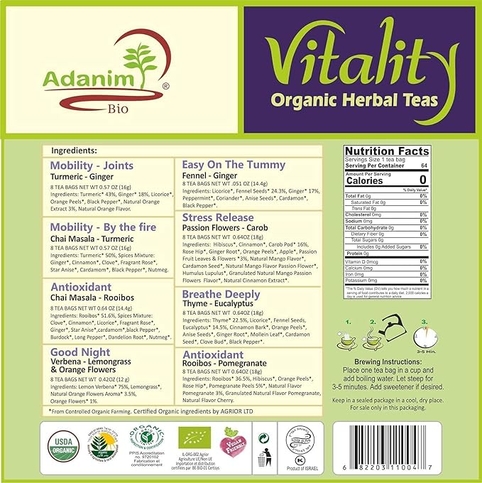 Adanim Bio Vitality Organic Herbal Tea Sampler Gift Set Caffeine Free 8 Flavors Variety Pack 64 Individually Wrapped Tea Bags for Gifting