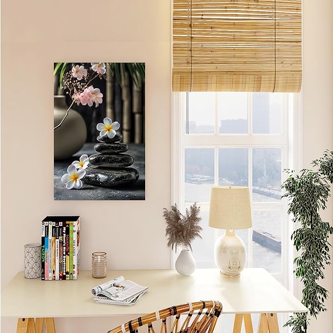 A harmonious black stone stack paired with white and pink flowers bamboo and ceramic vases creates a tranquil Zen decor for minimalist homes and mindful spaces 16x24in Wood Framed