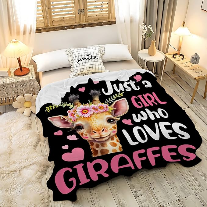 Just A Girl Who Loves Giraffes Blanket Lightweight Cozy Flannel Fleece Throw Blanket Best Gift Home Decor for Bed Couch Outdoor Camping 80"x60" Queen for Adults