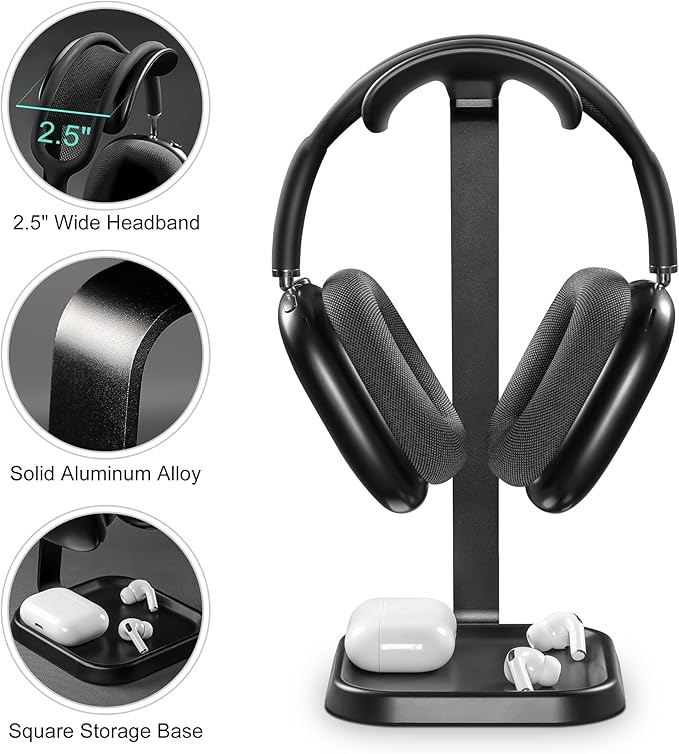 QinCoon Headphone Stand, Curved Headset Stand with Storage Tray, Gaming Headset Holder for AirPods Max, AirPods Max 2, AirPods, AirPods Pro, Beats, Bose, Sony and More (Black)