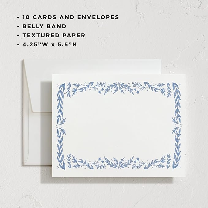 Minted Framed In Floral Stationery Cards, 10 Count, Blank Cards and Envelopes For Thank You Notes, Invitations & Handwritten Messages, Note Cards & Stationery Set, Gifts for Women, Blue Color Theme