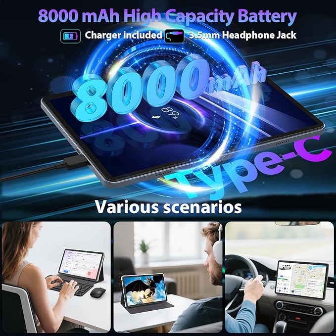 2026 Android 15 Tablet with Keyboard, 26GB RAM, 256GB ROM(2TB Expand), 10 inch tablet with Octa-core, Gemini AI, 8000mAh, 2.4G/5G WiFi, BT 5.0, 5MP+13MP, Tablets with Case, Mouse, Stylus (Black Case)