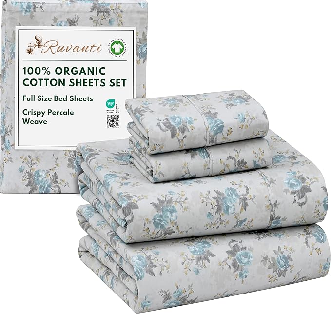 RUVANTI 100% Organic Cotton Sheets Full Size, Percale Weave, GOTS Certified, 4-Piece Set, Deep Pocket 15", Crisp & Breathable, Soft Durable Bedding, Sábanas Algodón Orgánico – Blue Rose
