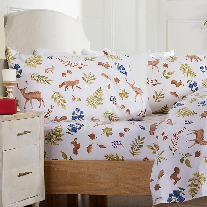 Market & Place 100% Cotton King Flannel Sheet Set | 4 Piece Deep Pocket Novelty Cozy Winter Bed Sheets | Double Brushed for Extra Softness & Comfort | Alpine Collection (King, Woodland Forest)
