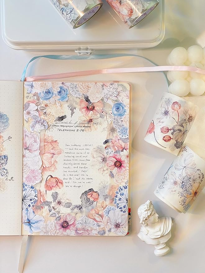 WT Frostbloom Wide PET Tape, Single Roll, Original Floral Designs, Winter Flowers, Clear Transparent Adhesive Tape for Junk Journals, Scrapbooks, Bujo, Planners, DIY Crafts, Art Stationery