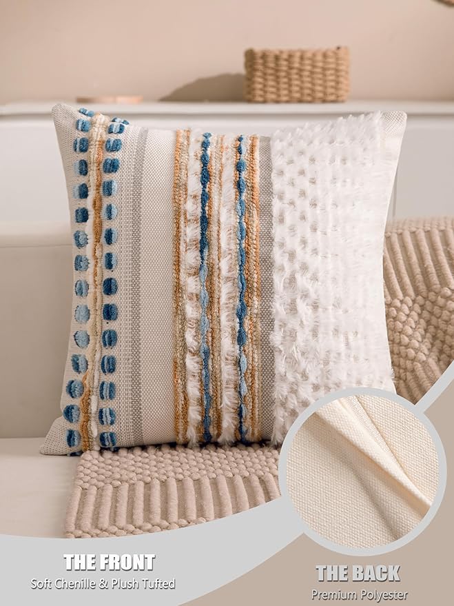 KOOLIFE Boho Chenille Tufted Couch Throw Pillow Covers 18x18 Inch Set of 2 Farmhouse Striped Decorative Pillow Covers Accent Neutral Pillowcase Caramel Brown Blue Cushion Cover for Livingroom Sofa Bed