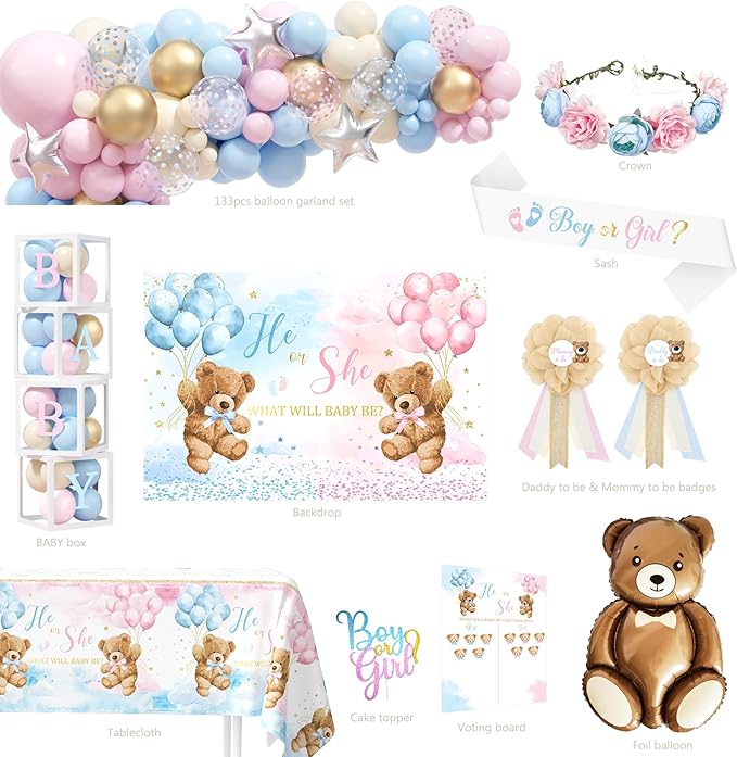 Bear Gender Reveal Decorations, He or She Baby Gender Reveal Party Decoration, Boy or Girl Bear Theme Party Supplies, Backdrop BABY-Box Tablecloth Mom to Be Sash Dad to Be Pin Balloon Arch