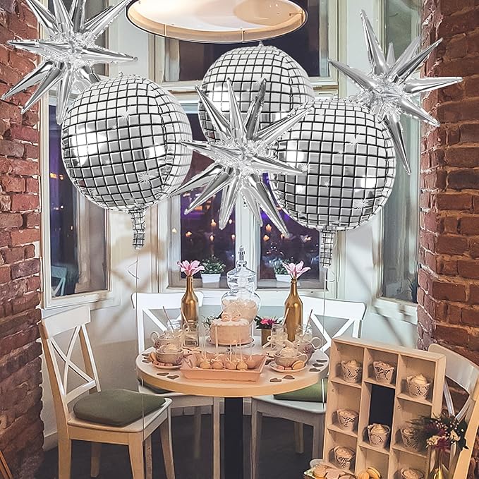 OuMuaMua Disco Ball Balloons for 70s Disco Party Decor, 22 Inch Large 4D Metallic Silver Disco Balloons with Stars Balloon for Themed Party, Birthday New Year Christmas Decor 9pcs