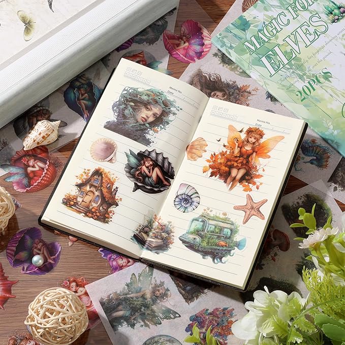 Auguro Scrapbook Fantasy Stickers 20 Sheets 240 Pre-Cut Washi Stickers for Journaling PET Transparent Fairy Sticker Decorative or DIY Paper Crafts, Arts and Crafting Projects