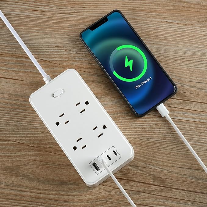 10FT Power Strip Extension Cord Surge Protector with 8 Outlets and 2 USB & 2 USB-C Port(5V 3.1A),Bold Extension Cord with Fuse Surge Protected Power Strip for Home Office (White)