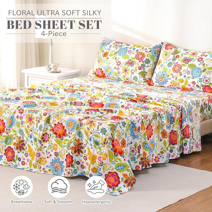 Bedlifes King Sheet Set Ultra Soft, Breathable, Silky Flower Deep Pocket 100% Microfiber Bedding, 4 Piece King Size with Floral Spring Design