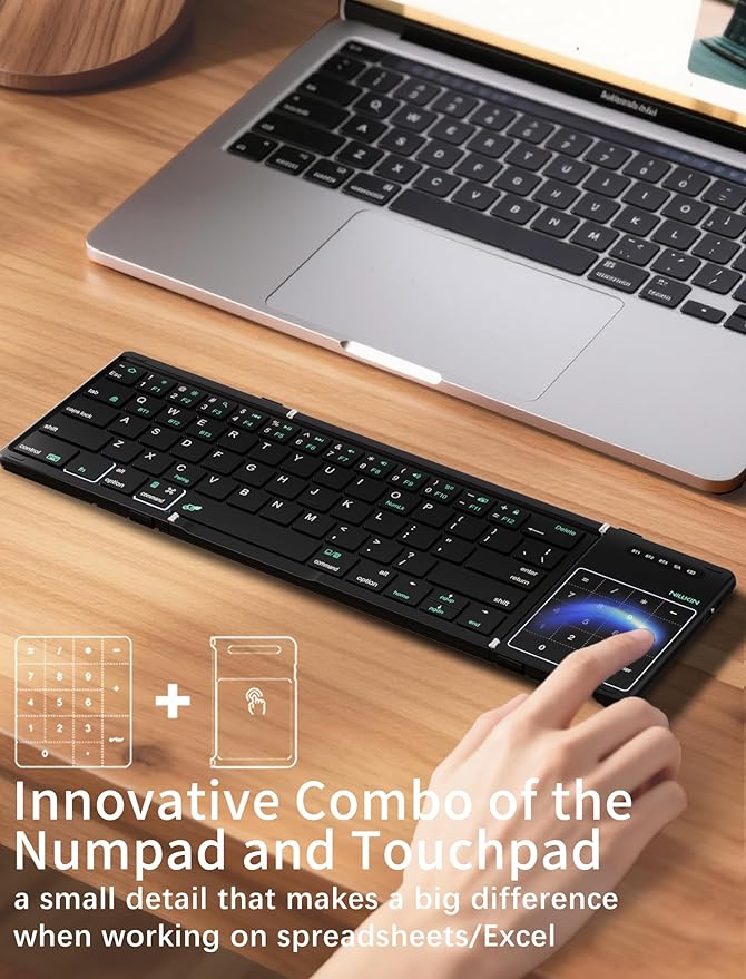 Nillkin Upgraded Foldable Bluetooth Keyboard with Touchpad & Number Pad, Portable Wireless Keyboard for Travel, Pocket-Sized, Full Size Keys, Support 3 Devices for iPad Laptop Tablets Phone, Black