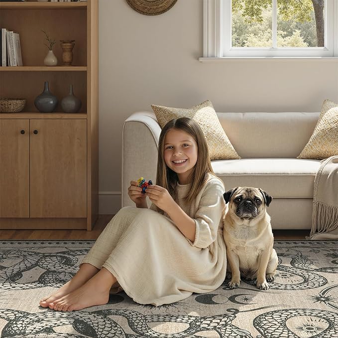 DCX Washable 8x10 Snake Rug, Beige Gothic Rug for Living Room, Soft Low Pile Carpet, Kid & Pet Friendly with Rubber Back Non Slip, Stain Resistant Rug for Bedroom Dining Room Office