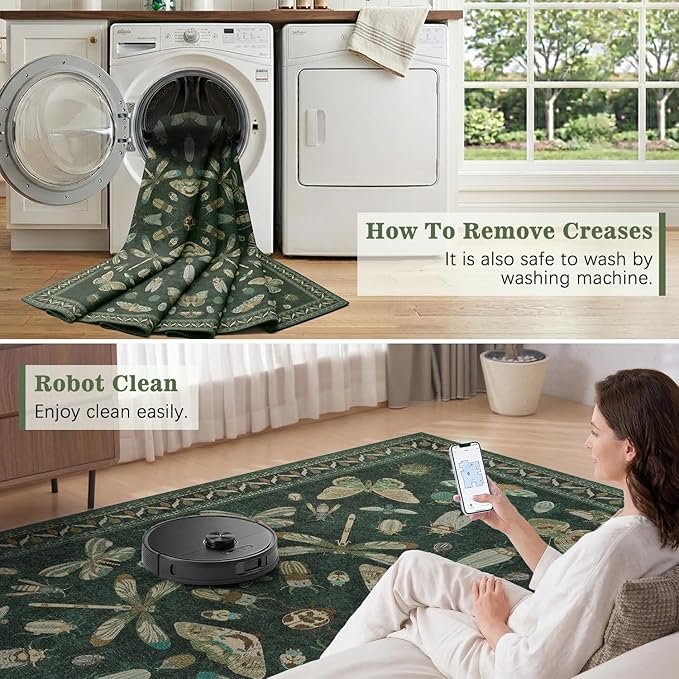 DCX 4x6 Washable Insect Rug, Vintage Gothic Dark Green Rug with Non-Slip Rubber Backing, Soft Low-Pile, Stain-Resistant, Kid & Pet Friendly, for Living Room, Bedroom, Office, and Nature-Themed Decor