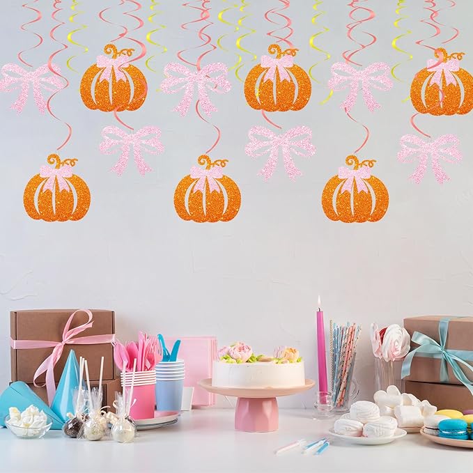 30pcs Pink Bow Pumpkin Hanging Swirls, Little Pumpkin Hanging Decoration for Girl, Thanksgiving Baby Shower Foil Ceilling Decor, Autumn Fall Gender Reveal Party Favors - Orange Glitter