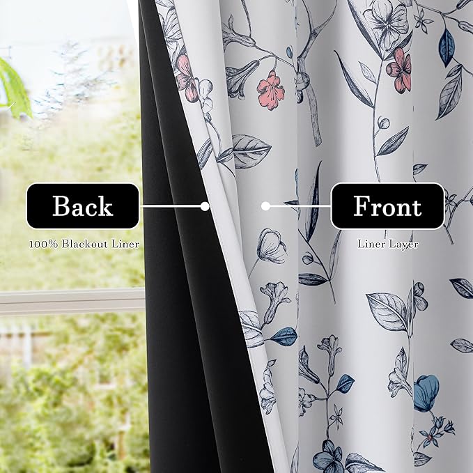 ChrisDowa 100% Blackout Floral Curtains 96 Inches Long 2 Panels for Bedroom Living Room Navy Blue Flower Patterned Room Darkening Thermal Insulated Soundproof Grommet Window Treatments Drapes,52X96