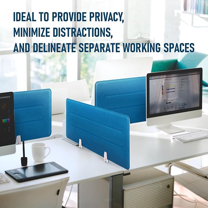 Desk Divider Panel, 34.6" x 11.8", Blue – Clamp-On with 2 L-Clips, Soundproof Noise Reducing Privacy Screen for Office or Home Desk, High Quality Polyester