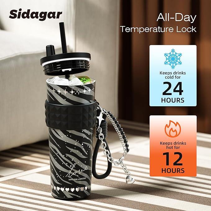 24 oz Stainless Steel Tumbler with Lid and Straw, Insulated Coffee Mug, Leak Proof, Portable Iced Travel Water Bottle, Reusable Thermal Coffee Cup Gift for Women, Black