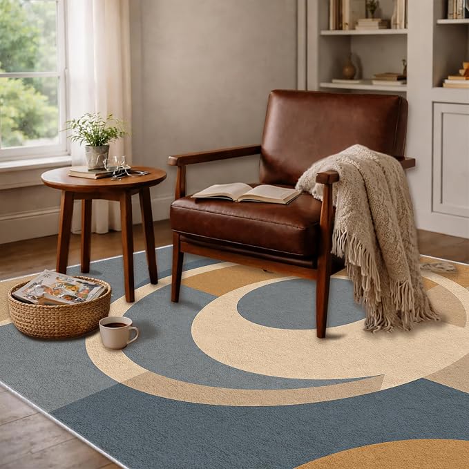 Mid Century Area Rug 4x6, Home Decor | Dusty Blue Camel Mod Orbit, Modern Abstract Circle Rug for Living Room, Bedroom, Home Office, Non Slip, Washable, Low Pile