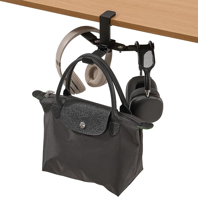 blingwider 3 Hooks Metal Heavy Duty Foldable Headphone Holder for Desk, Headset Stand for Desk,Backpack Holder Hook for Desk,Bag Hook Under Desk,Clamp Hook for Gaming PC Accessories,Black