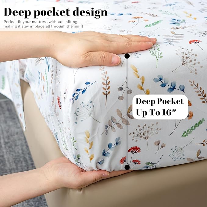 Bedlifes Queen Sheet Set Ultra Soft, Breathable, Silky Flower Deep Pocket 100% Microfiber Bedding, 4 Piece Queen Size White Floral