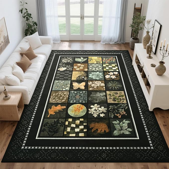 Tepook 4x6 Area Rugs for Living Room, Modern Large Geometric Rug for Bedroom, Washable Patchwork Rug Indoor Non Slip Throw Carpets for Dining Room Office Farmhouse Home Decor, Black