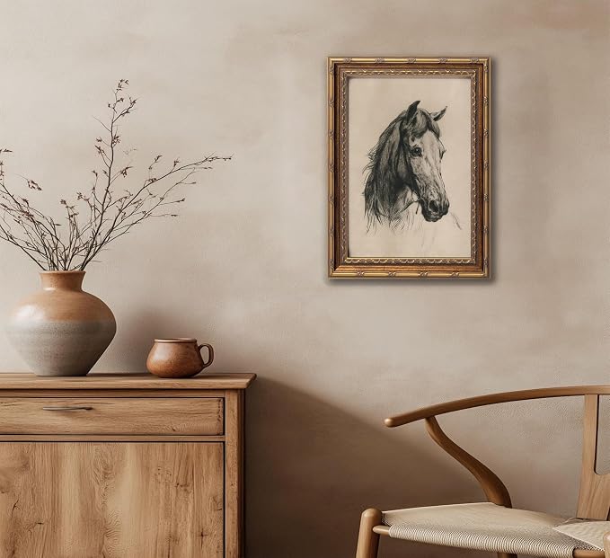Vintage Gold Framed Horse Sketch Canvas Wall Art Retro Horse Wall Decor Vintage Farmhouse Animals Sketch Print Artwork Retro Rustic painting Picture for Farmhouse Bedroom Living Room 12X16in
