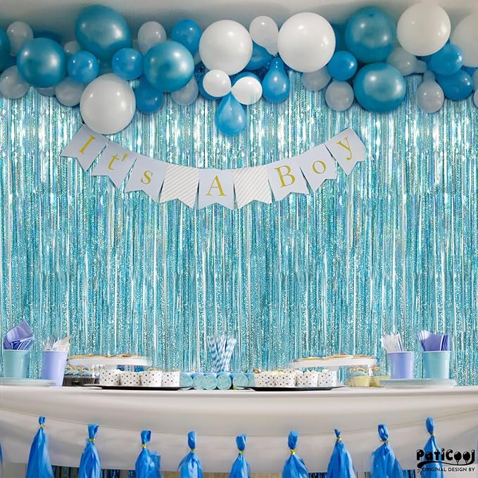 Thicken Blue Streamers 2 Pack 3.2 x 8.2 FT, Light Blue Birthday Decrorations Tinsel Backdrop Curtains, Foil Fringe Photo Backdrop for Baby Shower, Frozen, Under The Sea Party Decorations