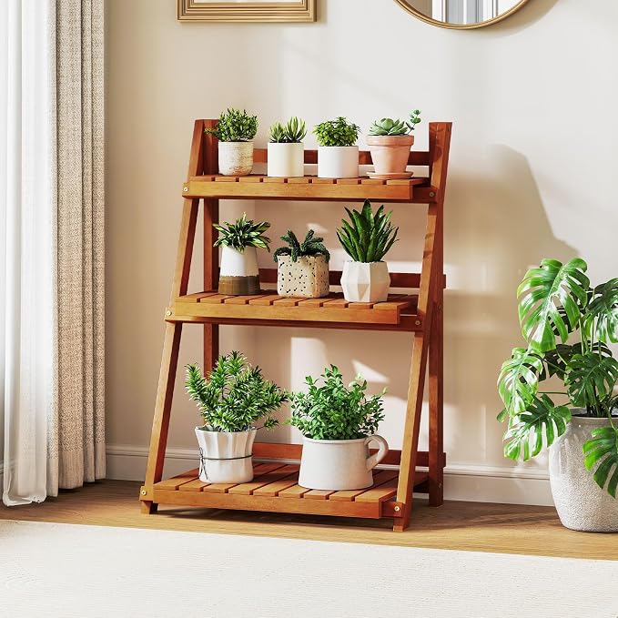 Giantex Foldable Ladder Plant Shelf, 3-Tier Solid Wood Indoor Outdoor Flower Pot Display Rack, Corner Storage Bookshelf, Freestanding Tiered Plant Stand for Garden Patio Balcony, No Assembly