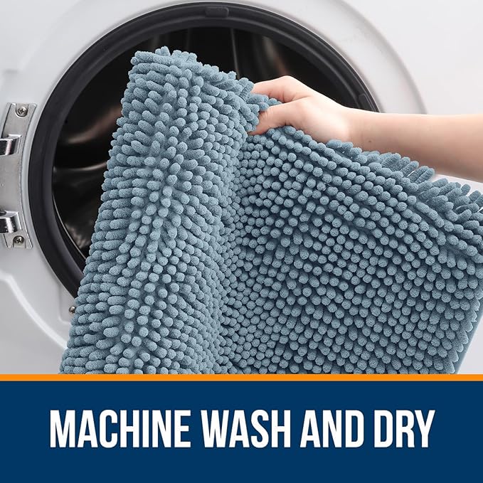 OLANLY Bathroom Rugs 70x24, Extra Soft Absorbent Chenille Bath Rugs, Rubber Backing Quick Dry, Machine Washable Bath Mats for Bathroom Floor, Tub and Shower, Home Decor Accessories, Airy Blue