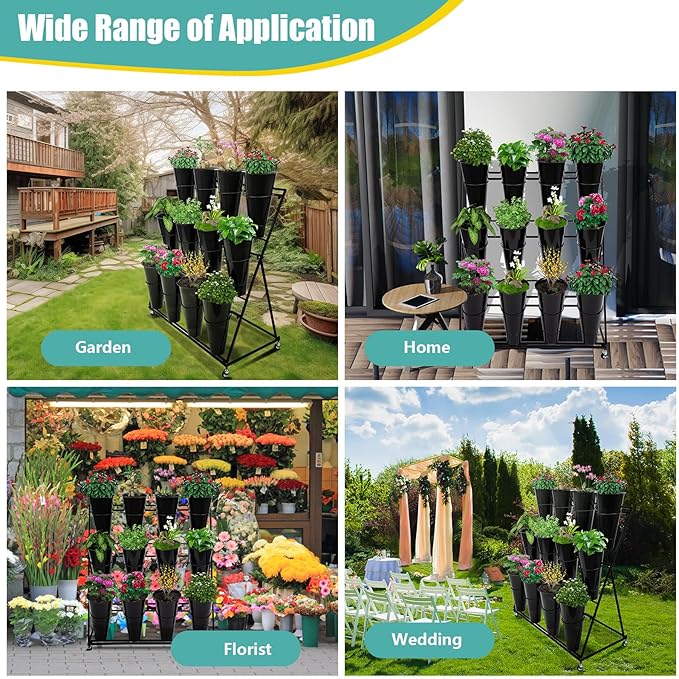 3 Layers Flower Display Stand with 12PCS Buckets Moving Fresh Flower Rack Metal Florist Bouquet Shelf with Wheels Flower Display Stand for Indoor Living Room Florist,39.3*19.6*43.3inch,Black
