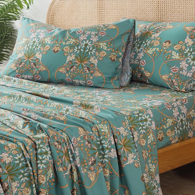 Zusbest Full Size Bed Sheet Set Shabby Vintage Floral Sheets Percale Cotton Chic Teal Blue Orange American Country Style Bedding Luxury Boho Soft Breathable Crisp Bed Deep Pocket Fitted Sheet 4 Piece