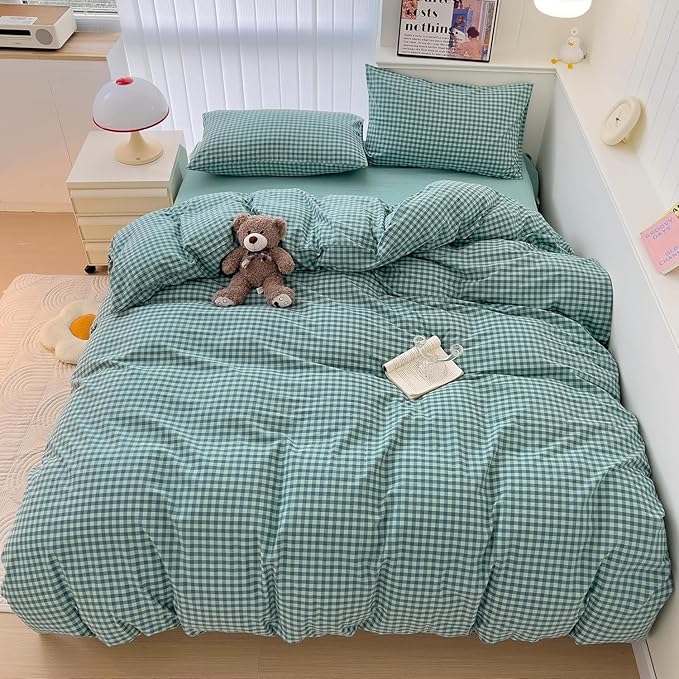 LifeTB Queen Comforter Set Green Gingham Bedding Comforter Modern Style Checkered Pattern Comforter Set Green Blue Grid Plaid Bedding Comforter Lightweight Fluffy Soft Gingham Grid Bedding Set