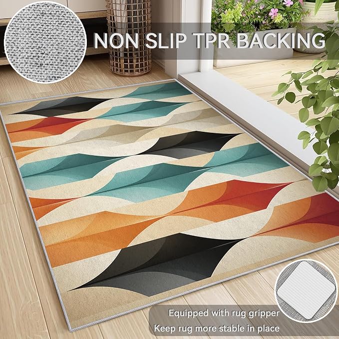 Mid Century Modern Area Rug 4x5, Washable Non Slip Low Pile Abstract Geometric Carpet for Living Room Bedroom Dining Room, Contemporary Retro Accent Rug, Ivory Teal Orange Black