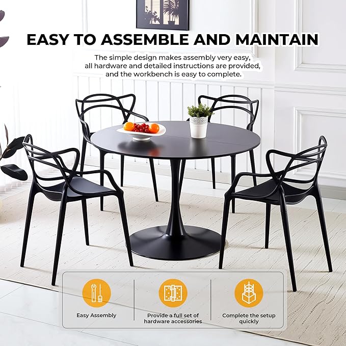 42" Tulip Table for 4-6 Persons Modern Round Dining Room Table, Mid-Century Modern Black Small Kitchen Table with MDF Wooden Top, Leisure Coffee Table for Living Room, Dining Room, Office