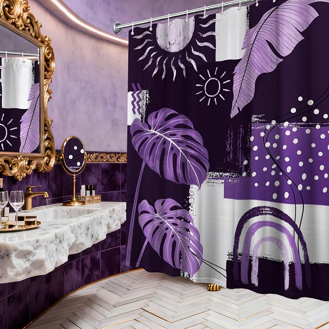 Extra Long Shower Curtain 96 Inchs Extra Tall Purple Mid Century Modern XL Abstract Lavender Shower Curtains for Large Bathroom Decor Sets, Waterproof Cloth Fabric with Hooks, 70 x 96 Inch