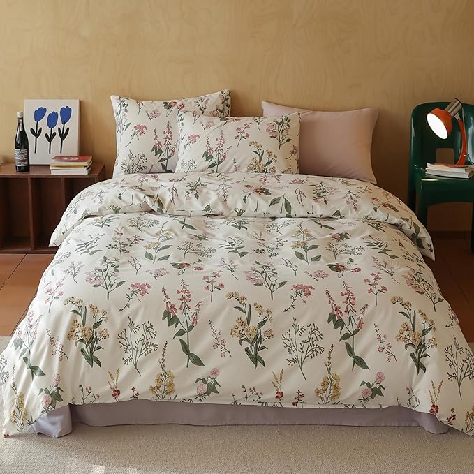 HighBuy Vintage Floral Comforter Set King Pink Yellow Botanical Coquette Bedding Comforters with 2 Pillowcases Women Girl Cottagecore Bedding Sets - 1 Fluffy Comforter 2 Pillow Shams