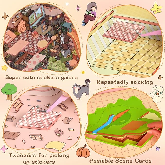 ASTARON 6 Sets DIY 3D Sticker Scene Book Sticker Therapy for Adults, Make Your Own Mini Cozy Shop House Room Stickers Cute Cartoon Miniature Stickers, Relief Stress Pass The Time