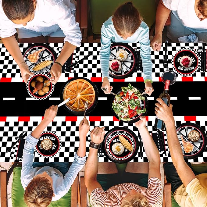 WNINK 6 PCS Racing Car Theme Tablecloths Car Disposable Plastic Tablecloths Black Checkered Flag Table Covers Racetrack Rectangular Tablecloth for Race Car Birthday Party Decorations, 54 x 108 Inch