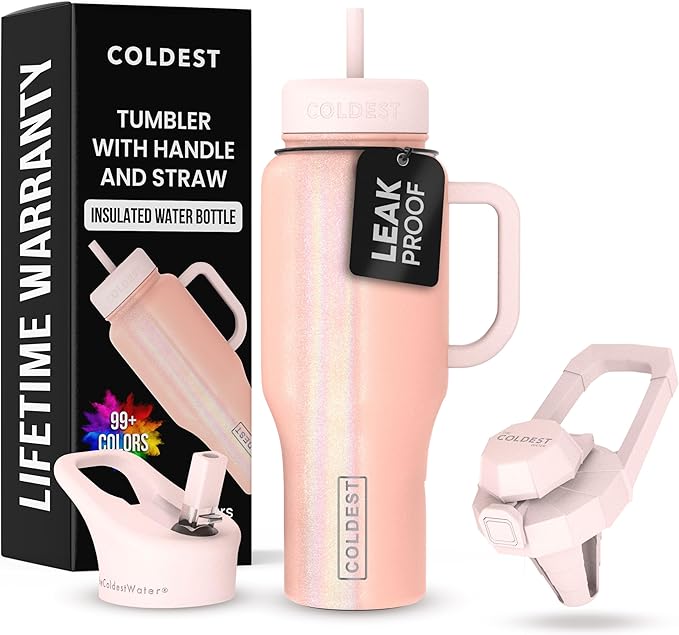 Coldest Tumbler with Handle and Straw - 100% Spill Proof Tumbler with Straw (3 Lids) - Stainless Steel Insulated Leakproof Tumblers for Women & Men - 36 oz (Forever Pink Glitter)