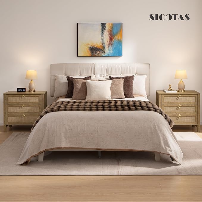 SICOTAS Nightstand Set 2 with Drawers - Large Rattan Bedside Table with Golden Handle, 3 Drawers Night Stand Tall End Table 26.78" Wide Side Table Boho Nightstand for Bedroom