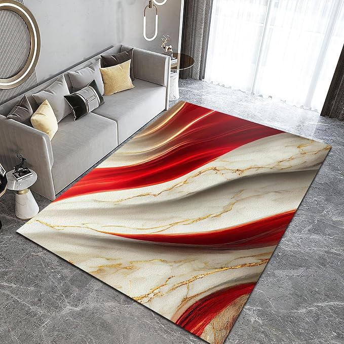 Marble Gilt Texture Red Area Rug, Luxury Marble Non Slip Throw Rug, Machine Washable Durable Carpet for Indoor Bedroom Living Room Office Decor Rug - 6 ft x 9 ft