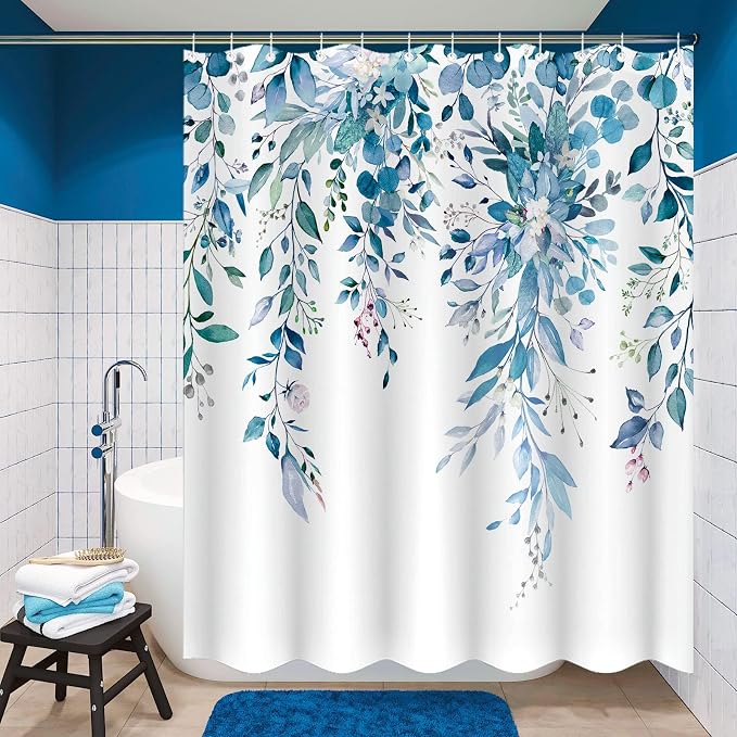 Long Blue Eucalyptus Shower Curtain Watercolor Floral Plant Leaf Shower Curtains for Bathroom Botanical Flower Waterproof Fabric Bath Curtain Decor with Hooks (Blue, 72'' x 78'')
