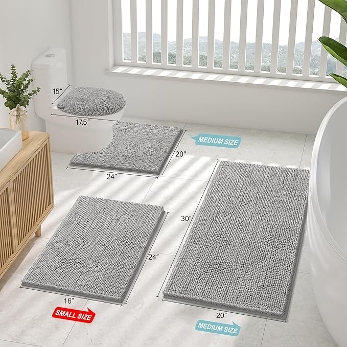 Smiry Luxury Chenille Bathroom Rugs 59x20, Extra Soft and Absorbent Shaggy Bath Mat, Machine Washable, Non-Slip Plush Carpet Runner for Tub, Shower, and Floor, Home Decor Accessories, Light Grey